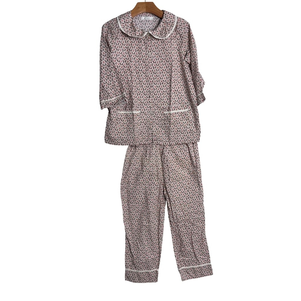DOEN Organic Cotton Floral Pajama Play Set Peter Pan Collar Pink Brown Size 10